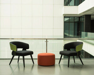 Stylish seating arrangement for collaborative workspace design and modern office interior projects, promoting comfort and creative interactions in a bright space.