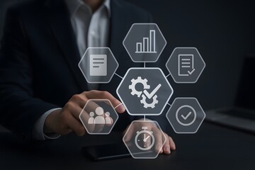 Businessman managing digital workflow process with quality control hexagon icons
