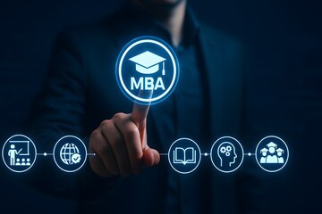 Businessman pointing to MBA education icon representing advanced business degree program