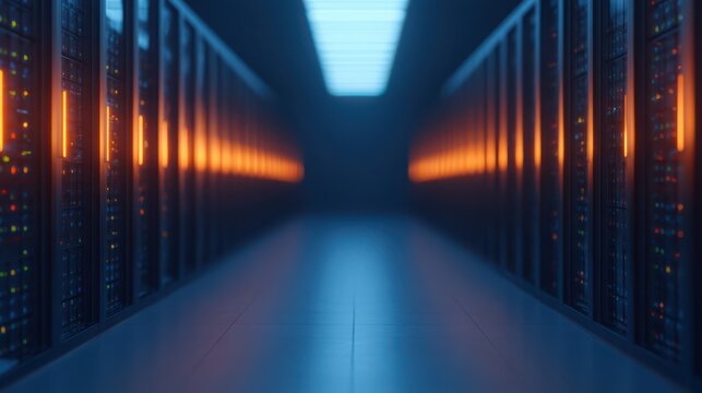 A dimly lit server room featuring rows of data servers with illuminated panels, creating an atmosphere of technology and digital infrastructure. - Powered by Adobe