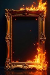 Flaming baroque frame, gilded details consumed by fire, loss, antique