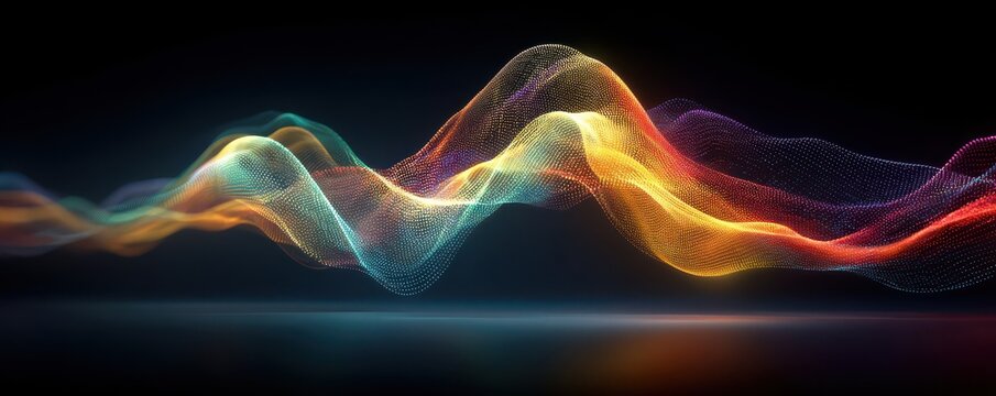 Colorful sound wave abstract art on a dark blue background with neon gradients and particles