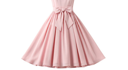 Elegant pink vintage midi dress with wide flared skirt and decorative satin ribbon bow isolated PNG with Transparent Background