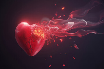 Valentines Day holiday poster flyer greeting card showcasing anatomical heart exploding with fiery particles and smoke