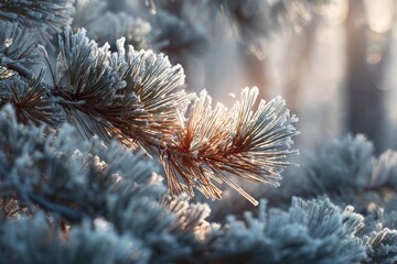 winter morning in a pine forest.close up icy branches covered with snow