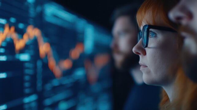 A focused group analyzing data trends on a digital screen, showcasing financial graphs and statistics in a tech-driven environment.