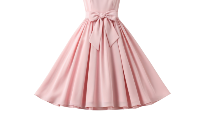 Elegant pink vintage midi dress with wide flared skirt and decorative satin ribbon bow isolated PNG with Transparent Background
