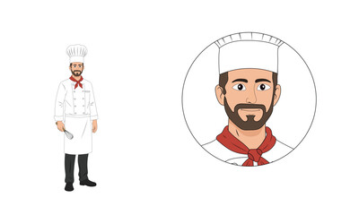 male chef character illustration with close-up portrait