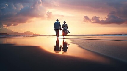 An elderly couple holds hands while walking on a beach at sunset. Senior man and woman enjoying their retirement together by the ocean. Lifelong love and companionship concept