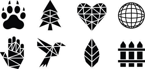 Nature and eco themed vector icon set with paw print, tree symbol, heart shape, globe icon, handprint, bird silhouette, leaf graphic and fence element, bold solid black minimal illustration pack