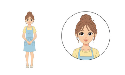 Smiling female character with apron and bun hairstyle