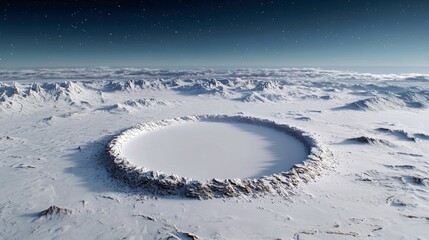 A vast, snow-covered landscape featuring a large, circular crater filled with a frozen lake. Snow-capped mountains and clouds stretch into the distance under a