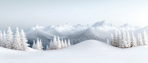 A serene winter landscape featuring snow-covered pine trees in the foreground, rolling snow-covered hills, and majestic snow-capped mountains in the background