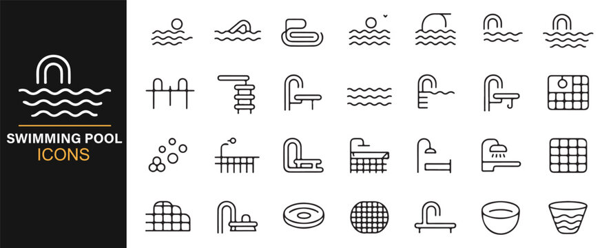 Modern icon set for aquatic sports, wellness, and recreational facilities