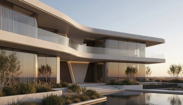 A concept of opulent living in a contemporary architectural masterpiece with a unique curved design, glass facade, and a serene poolside retreat at dusk or dawn