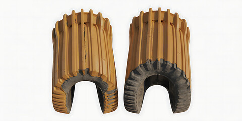 Two identical stylized wooden carved objects with ribbed texture