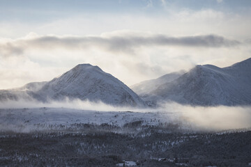 first snows and fogs in the mountains