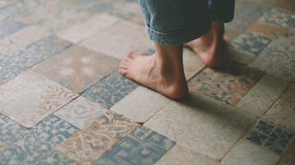 Person's bare feet standing on a tiled floor. the floor is made up of different types of tiles in different colors and patterns, including blue, beige, and brown.