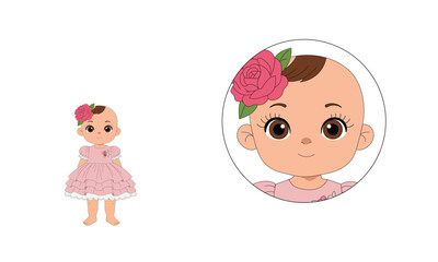 Adorable cartoon baby girl character in pink dress with rose