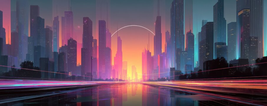 Futuristic cityscape with glowing neon lights and a vibrant sunset skyline - Powered by Adobe