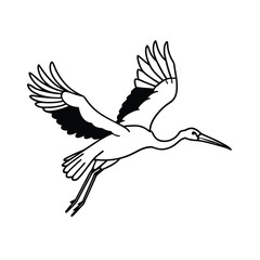 Fototapeta premium Black vector illustration of a flying stork with a baby silhouette and spread wings, symbolizing nature, freedom, and design