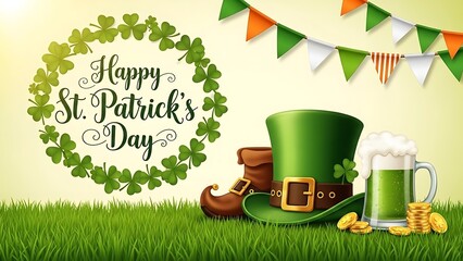 Happy st patricks day greeting with leprechaun hat, green beer, shamrock wreath, and festive banner