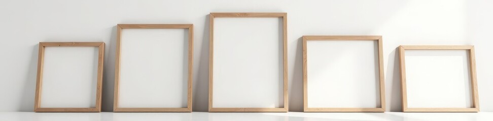 Several empty rustic wooden picture frames against a soft white wall, design, gallery, decor