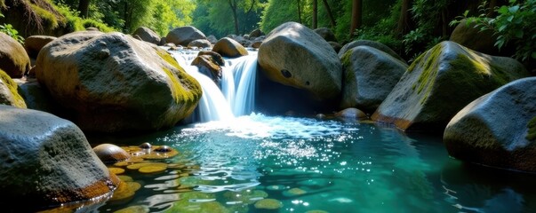 Crystal clear water cascading slowly down mossy rocks , water, slow motion, wilderness