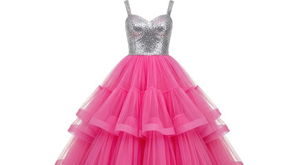Elegant pink princess prom ball gown with sparkling sequined bodice and tiered skirt isolated PNG with Transparent Background