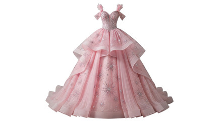 Elegant tiered pink formal ball gown dress for wedding or prom celebration isolated PNG with Transparent Background