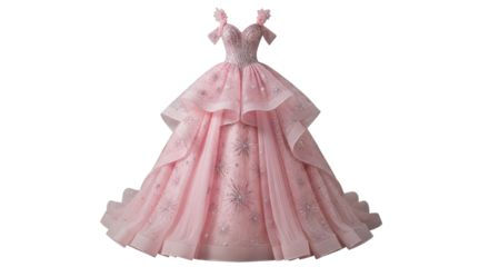 Elegant tiered pink formal ball gown dress for wedding or prom celebration isolated PNG with Transparent Background