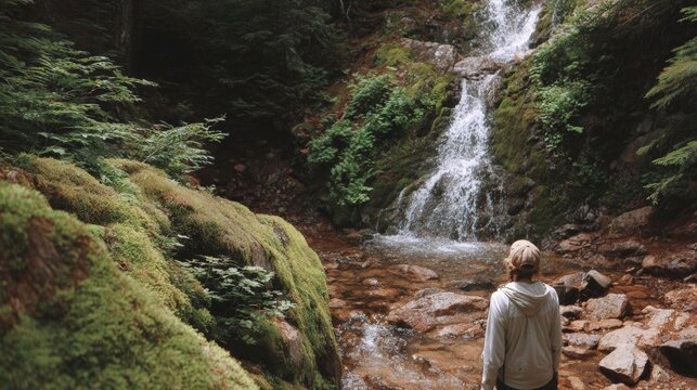Person standing in front of a small waterfall in a forest. the person is wearing a white hoodie and a backpack, and is facing away from the camera.