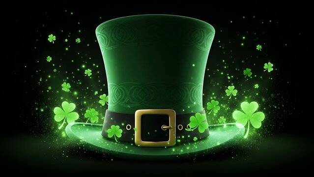 Glowing green leprechaun hat with sparkling shamrocks on a dark background for st patricks day celebration - Powered by Adobe