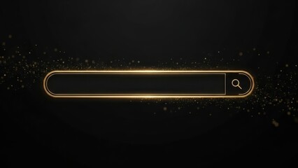Elegant gold and bronze search input bar with glowing particle effects on black background, luxurious design element perfect for premium applications, high-end brands, sophisticated interfaces,