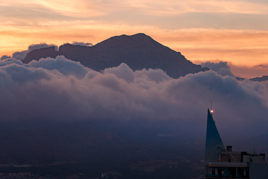Benidorm Skyscraper and Puig Campana in the Mist
