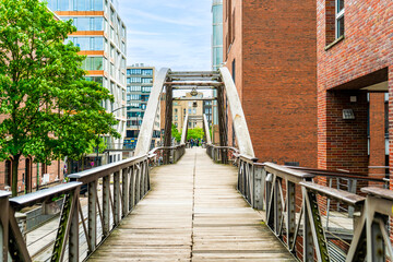 The mixture of steel, wood, and brick defining Hamburg's harbor front
