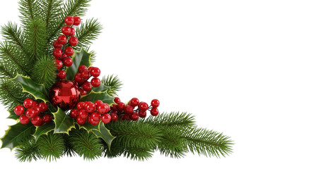 Festive Christmas corner border with green pine, red holly berries, and space for text isolated PNG with Transparent Background