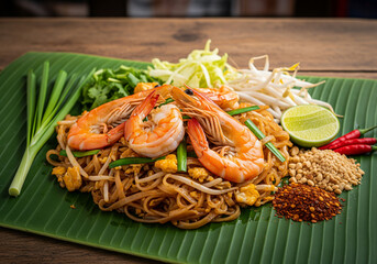 Pad Thai with prawns served on a banana leaf	