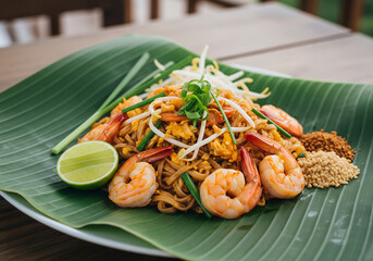 Pad Thai with prawns served on a banana leaf	