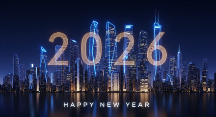 Celebrate 2026 New Year over illuminated city skyline, festive greeting