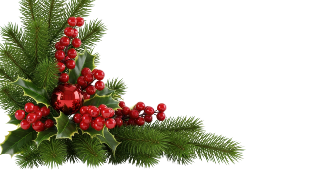 Festive Christmas corner border with green pine, red holly berries, and space for text isolated PNG with Transparent Background