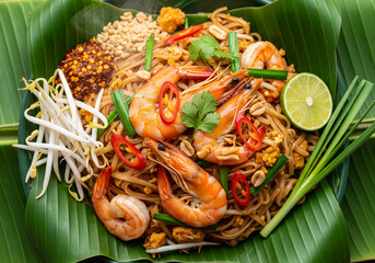 Pad Thai with prawns served on a banana leaf	