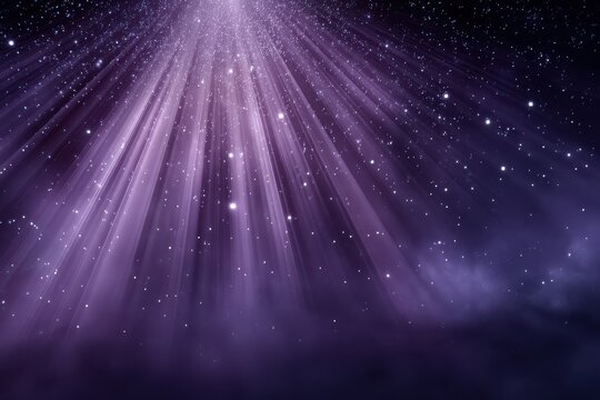 Purple light rays burst through a starry night, creating a dreamy cosmic background for design projects