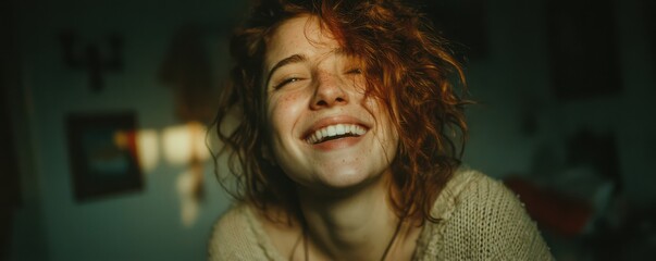 Fototapeta premium Red-haired woman laughing in a dark room with warm light, capturing a joyful moment