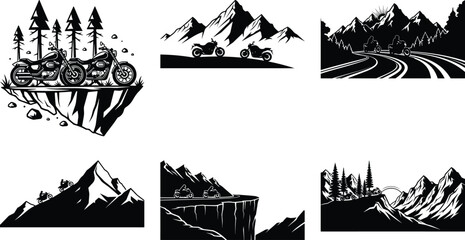 Obraz premium Motorcycle Mountain Adventure Silhouette – Bikers, Pines & Rugged Peaks