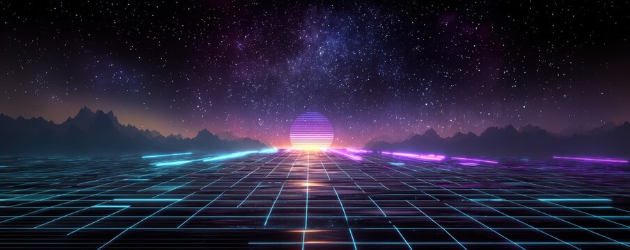 Retro-futuristic neon grid landscape with starry sky and glowing sun sphere on distant horizon