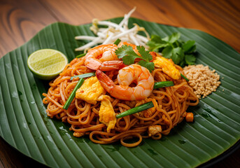 Pad Thai with prawns served on a banana leaf	