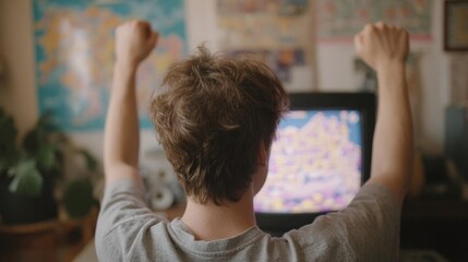 Young boy sitting in front of a television with his arms raised in the air. he is wearing a grey t-shirt and appears to be watching a video game on the screen.