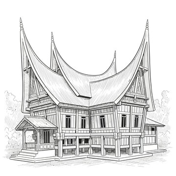 Line Art Rendition of a Traditional Minangkabau House, West Sumatra