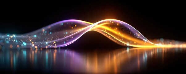 Abstract neon wave of light: shimmering purple and orange glow over dark background